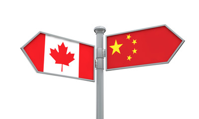 China and Canada flag sign moving in different direction. 3D Rendering
