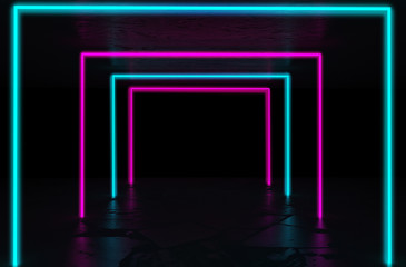 Background of empty room with concrete pavement. Spotlight light, multicolored neon light, reflection on tile. Laser lines, figures, smoke, smog