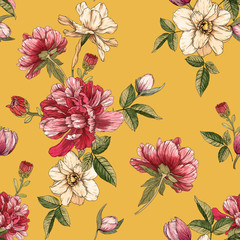 Floral seamless pattern with watercolor narcissus and peonies
