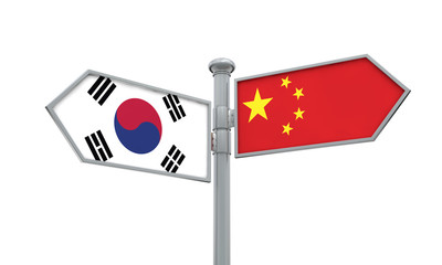 China and North Korea flag sign moving in different direction. 3D Rendering
