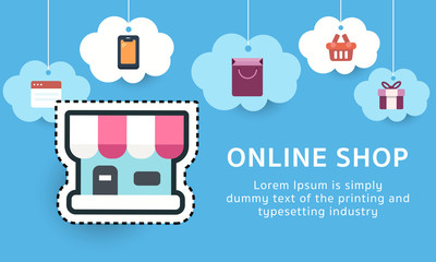 Online shop, online shopping concept, website banner promotion template. Vector illustration.