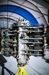 Aviation six-cylinder boxer engine air cooling shot for repair.
