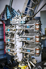 Aviation six-cylinder boxer engine air cooling shot for repair.