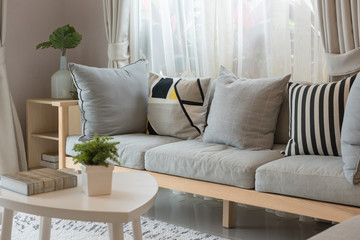 modern living room with wooden sofa