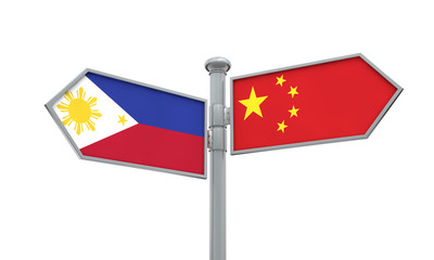 China and Philippines flag sign moving in different direction. 3D Rendering