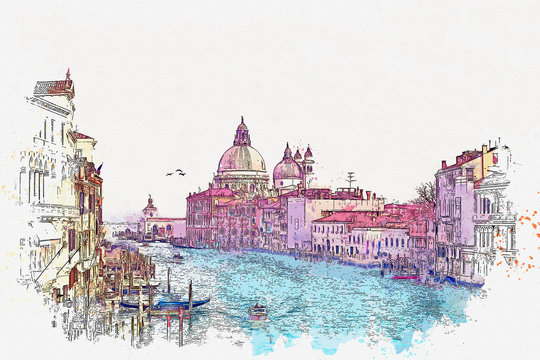 Watercolor sketch or illustration of a beautiful view of the Grand Canal with Basilica di Santa Maria della Salute in Venice, Italy