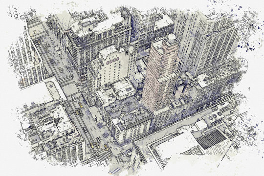 Watercolor sketch or illustration of a beautiful aerial view of the street in New York in America