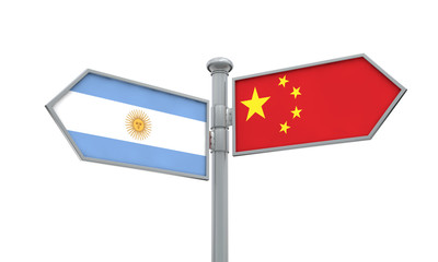 China and Argentina flag sign moving in different direction. 3D Rendering