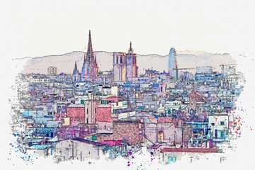 Watercolor sketch or illustration of a beautiful panoramic view of Barcelona in Spain. Traditional European architecture