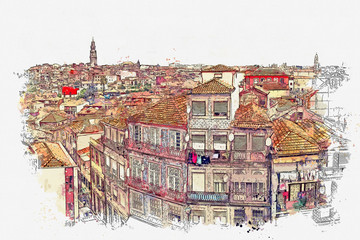 Watercolor sketch or illustration of the beautiful view of Porto in Portugal. Cityscape or urban skyline