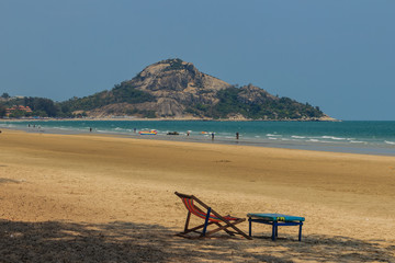 Prachuap Khiri Khan, Thailand - March 16, 2017: Peaceful Sea, sandy and sun at Suan Son Pradiphat  beach, the tranquility beach throughout the landscape nearby Khao Takiab hills and Hua Hin beach.