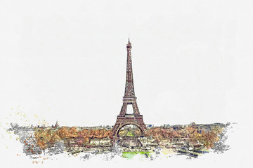 Watercolor sketch or illustration of a beautiful view of Paris in France. Cityscape or urban skyline