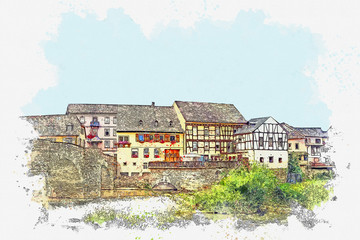 Obraz premium Watercolor sketch or illustration of a beautiful view of traditional architecture or houses in Germany
