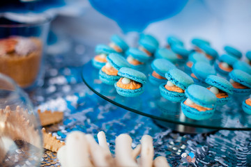 Candy bar, contains fruits, cup cakes, chocolate and another sweet desserts on the wedding. Banquet service. Catering buffet style. Macaroons.Macaron.