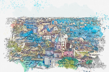 Watercolor sketch or illustration of a beautiful panoramic view of Rome in Italy. Traditional European architecture