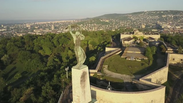  Budapest Citadell and Liberty statue on Gellert Hill  Hungary  camera flying around