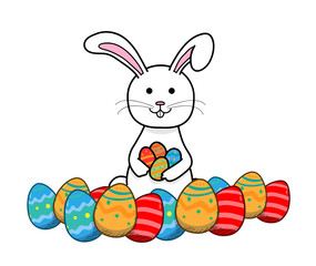 Easter Bunny White Rabbit surrounded by colorful Easter eggs