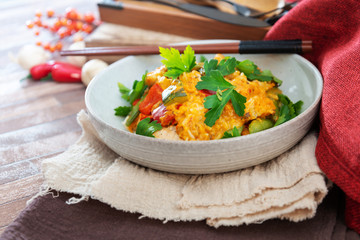 Tikka massala chicken basmati rice and crunchy vegetables