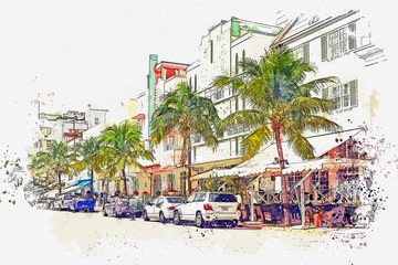 Watercolor sketch or illustration of a beautiful view of the street called Ocean Drive, Miami Beach in America © CaptainMCity