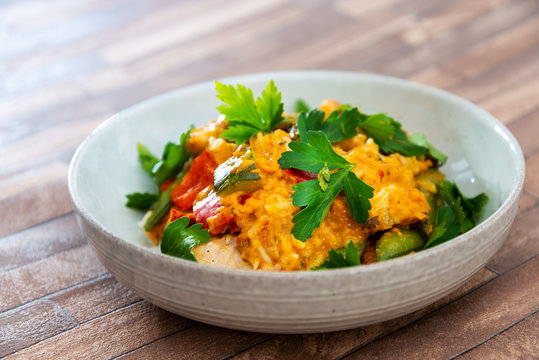 Tikka massala chicken basmati rice and crunchy vegetables