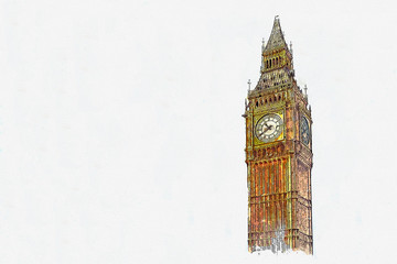 Fototapeta na wymiar Watercolor sketch or illustration of a beautiful view of the Big Ben in London in the UK