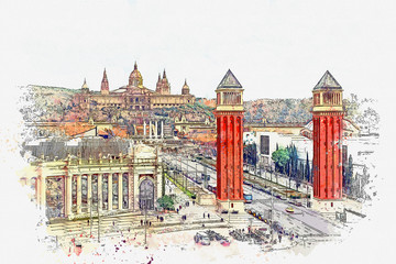 Watercolor sketch or illustration of a beautiful view of the architecture of Barcelona in Spain, including the National Museum of Art of Catalonia - obrazy, fototapety, plakaty