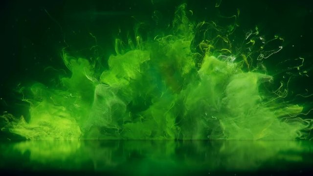 Green Color Burst colorful smoke explosion fluid particles reflection background