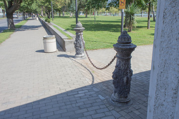 Entrance in park at sunny day. Park and lake in the city Batumi center
