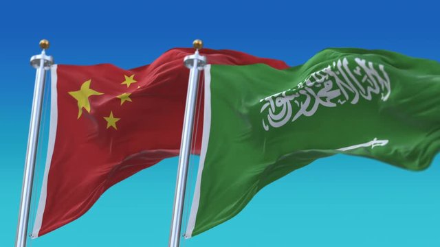 4k Seamless Saudi Arabia and China Flags with blue sky background;A fully digital rendering;The animation loops at 20 seconds;KSA CN.