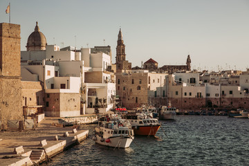 View of scenic city scape and a fishing harbor with marina in Monopoli,