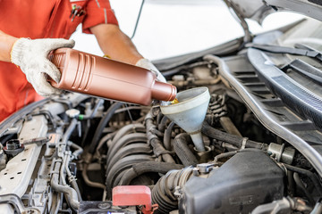 Car mechanic replacing and pouring fresh oil into engine at maintenance repair service station .