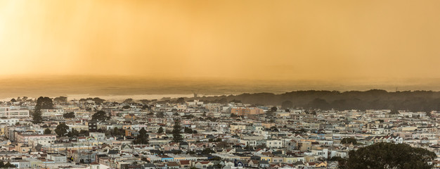 Panorama of the Sunset District of San Francisco, California and the Pacific Ocean at sunset.