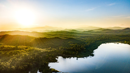 Pong Chor Reservoir in Mae Wang National Park Chiang Mai, Thailand. Photo in aerial view by drone with beautiful nature.  Abstract of peaceful, peace wallpaper background.