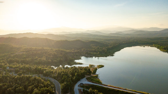 Pong Chor Reservoir in Mae Wang National Park Chiang Mai, Thailand. Photo in aerial view by drone with beautiful nature.  Abstract of peaceful, peace wallpaper background.