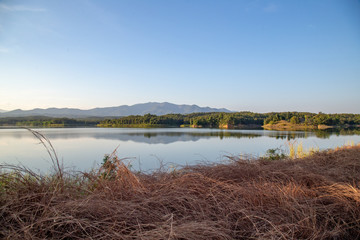 Pong Chor Reservoir in Mae Wang National Park Chiang Mai, Thailand. Photo in aerial view by drone with beautiful nature.  Abstract of peaceful, peace wallpaper background.