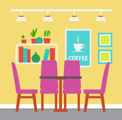 Interior of room, accommodation decorated with picture, bookshelf with plants, table with purple chairs and chandelier. Colorful design of placement vector