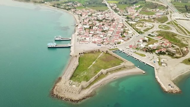 Aerial bird's eye drone video of state of the art suspension bridge crossing the sea