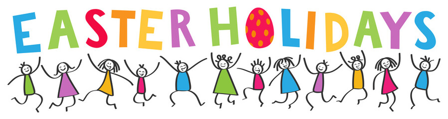 EASTER HOLIDAYS, colorful letters and happy kids jumping