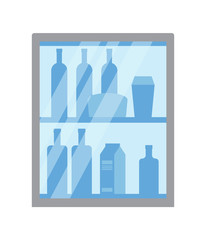 Refrigerator with bottles and packages vector. Isolated icon of fridge with arranged products placed on row. Beverage milk and juice packs, drinks