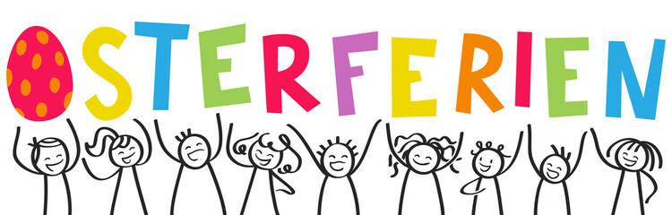 OSTERFERIEN, Schriftzug zu Ostern mit Strichmännchen