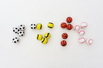 Basketball, football, baseball and tennis balls on white background. Top view.