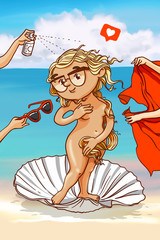 cartoon Aphrodite in a shell on the seashore