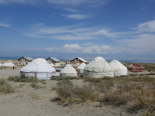 Yurt hotel on the shore of lake Issyk Kul. Kyrgyzstan.