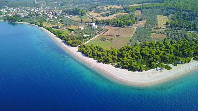 Aerial bird's eye video taken by drone of exotic seascape and sandy beach with turquoise clear waters and pine trees, Rovies, North Evoia island, Greece
