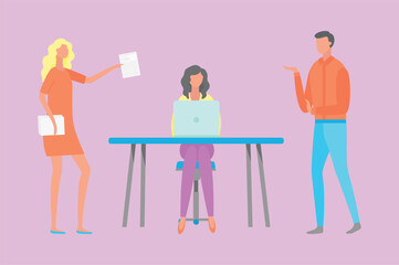 Woman sitting at table between workers, working process with laptop, female with papers, man rising hand. Teamwork communication in office vector