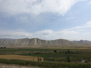 Mountains in the delta of the river Naryn. Kyrgyzstan Tian Shan. 