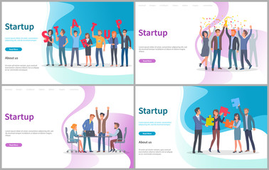 Startup new project beginning vector, launching innovative solution. Conference with brainstorming and finding decision, success in office, jigsaw. Website or webpage template, landing page flat style