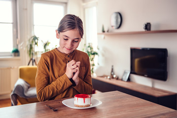 A happy child prepared to enjoy the cheese cake