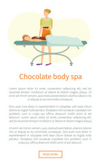 Chocolate body spa web poster with text. Girl covered by lotion on back lying on table, cosmetician makes procedure by streaming cacao on skin vector