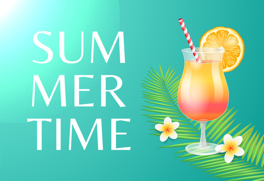 Summer time beach party theme banner, vector placard sample. Cocktail in tumbler with straw and orange slice decor, exotic flowers on palm leaves - Powered by Adobe